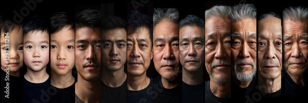 Fototapeta This collage traces the transformation of a man, visually depicting his graceful progression from innocence of youth to the wisdom of old age, with each stage capturing the subtle beauty of aging
