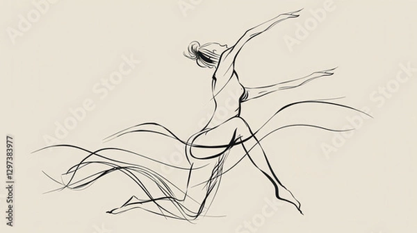 Obraz Minimalist continuous line ink drawing of a graceful dancer in motion with flowing abstract lines emphasizing rhythm and expression on a beige background. Line art illustration
