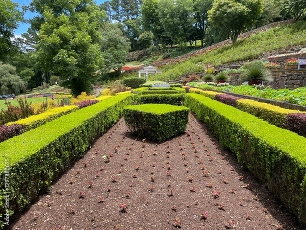 Fototapeta Symmetrical topiary garden. Rectangular and cubic shapes. Cube and rectangle shaped hedges made of green leaves, yellow flowers and purple flowers. Brown soil. Gramado, Brazil, Rio Grande do Sul 