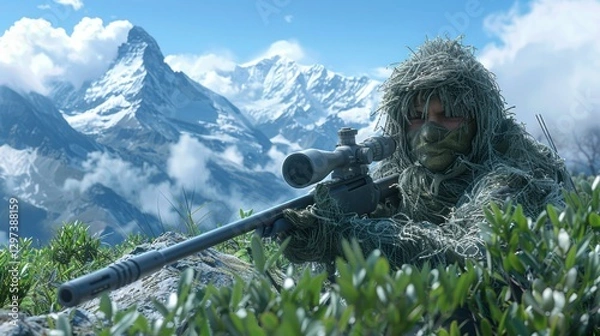 Obraz A sniper camouflaged in the mountains. AI.