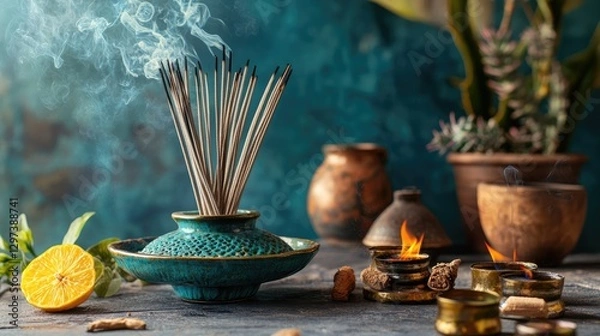 Obraz Various incense sticks on a stand burn with smoke, aroma in the house, decoration and aromatization of the room