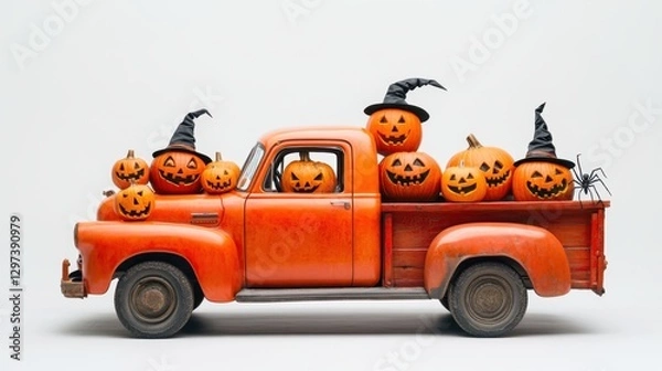 Obraz Retro pickup truck with halloween decorations
