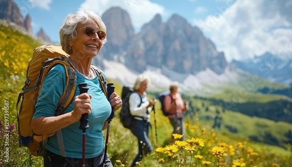 Fototapeta A smiling senior woman with a backpack hiking in a beautiful mountain landscape.