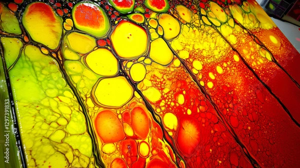 Obraz Vibrant abstract fluid art with yellow, red, and black cellular patterns
