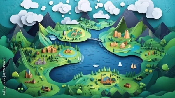 Fototapeta Papercraft landscape, scenic view, charming towns, digital art, background, travel, vacation, illustration, possible use stock photo