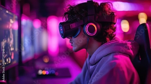 Fototapeta A gamer in a neonlit room, fully immersed in a virtual reality experience, Gaming photography, Hightech and engaging