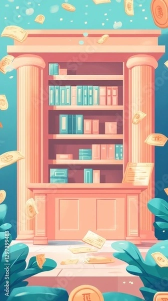 Obraz Fantasy Library with Classical Columns and Books Surrounded by Floating Currency in Artistic Illustration Symbolizing Wealth of Knowledge