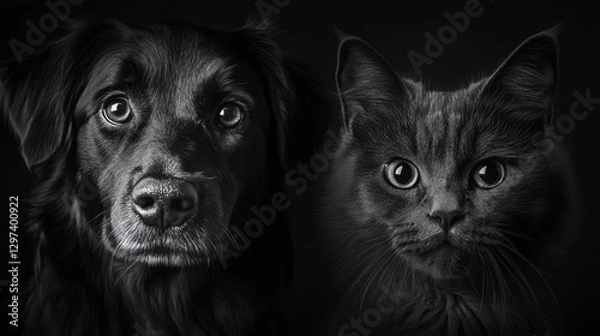 Fototapeta Close-up of dog and cat faces in b&w