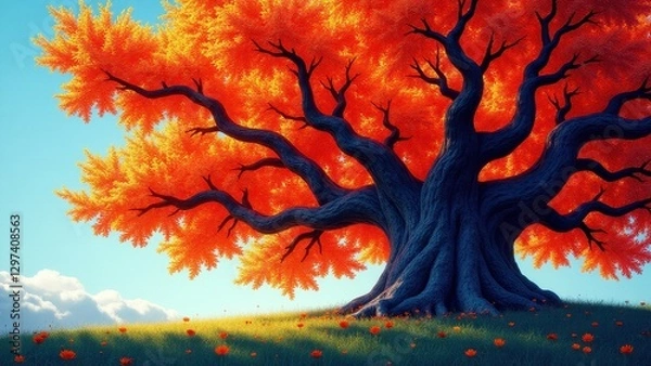 Fototapeta Wallpaper of a tree with vibrant orange leaves and a thick, twisted trunk on a grassy hill under a clear blue sky.