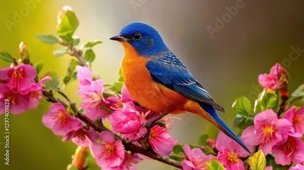 Obraz Vibrant Songbird Perched on Blooming Floral Branch in Natural Habitat  Close up Detail of Colorful Bird with Bright Plumage Resting on Flowering Plant in Outdoor Garden or Forest Environment