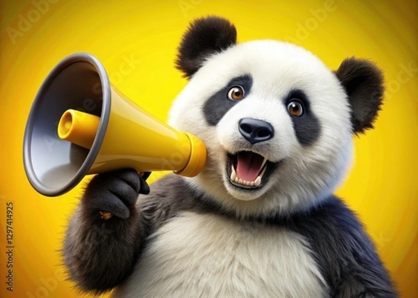 Obraz Macro Panda Megaphone Announcement - Cute Yellow Background Wildlife Photography