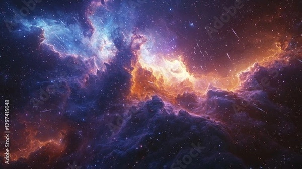 Fototapeta Cosmic Wonder - Illustration of Vibrant Swirling Dust Clouds and Shooting Stars in 2D Flat Style Conveying Vastness and Awe