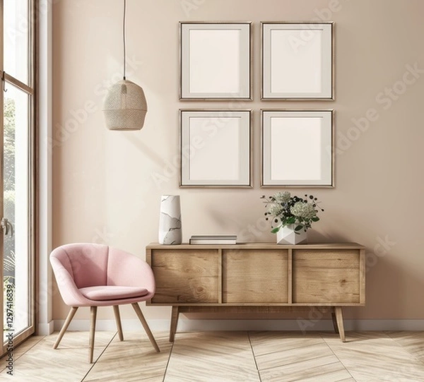Fototapeta Pink armchair and wooden console table with four empty frames on a beige wall