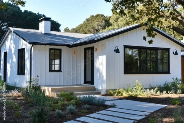 Fototapeta Experience the allure of a charming modern cottage, featuring a pristine white exterior complemented by a beautifully landscaped garden, all nestled in a peaceful neighborhood basking.