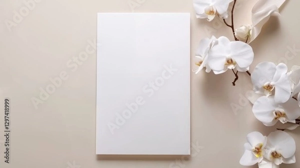 Fototapeta  Minimalist A4 paper mockup with delicate white orchid accents, ideal for elegant stationery or design presentations.