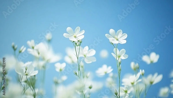 Fototapeta A serene minimalist backdrop featuring a clear blue sky complemented by delicate white flowers, evoking feelings of tranquility and simplicity. Perfect for calming and peaceful themes.