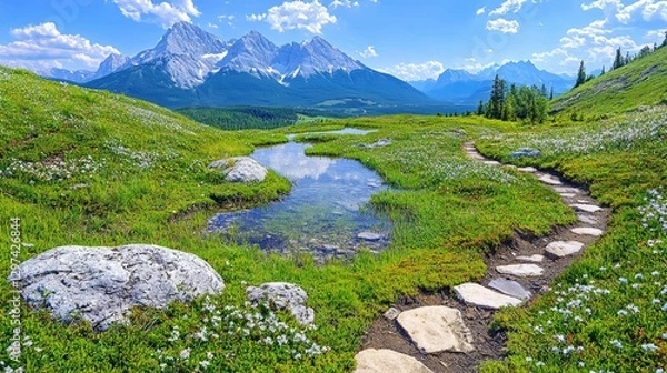 Fototapeta Mountain meadow trail reflecting peaks, scenic landscape, summer day, tranquil scene