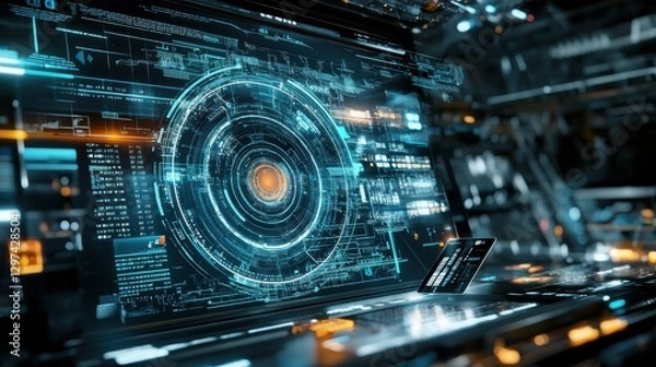 Fototapeta Futuristic control panel display with glowing holographic interface and advanced technology concepts