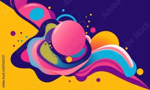 Fototapeta Vibrant Abstract Artwork Featuring Dynamic Multicolored Shapes and Spheres on a Contrasting Purple and Yellow Background for Creative Inspiration