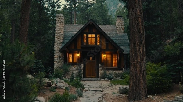 Fototapeta Charming Woodland Cabin Surrounded by Trees with Warm Light in the Evening Glow of Nature's Beauty