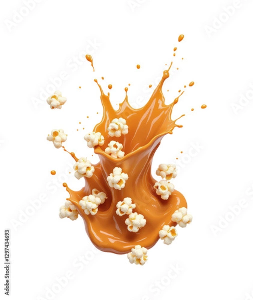 Fototapeta Rich Caramel Cascade Enveloping Popcorn Kernels, Creating a Sweet and Irresistible Snack Explosion, Isolated on Transparent and White Background