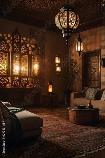 Obraz First day in Ramadan, The scene is set in a warm, inviting living room. The walls are adorned with traditional Islamic art, and the soft glow of lanterns fills the room