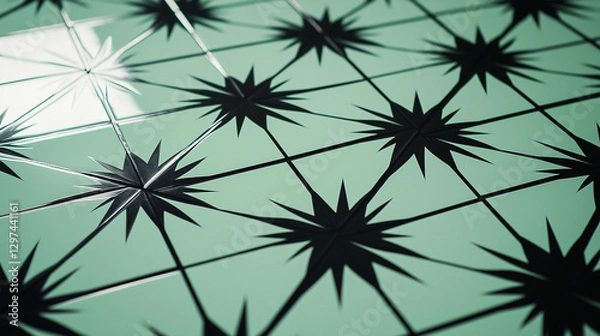 Fototapeta Closeup of glossy mint green square tiles featuring a repeating black starburst pattern