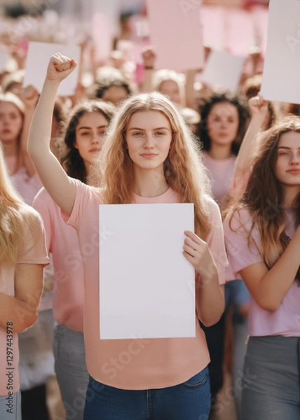 Fototapeta Group of young women, visible from the chest up, standing together against a soft pink background. They wear light pink T-shirts and hold clean, blank white signs. Mockup sheet of paper