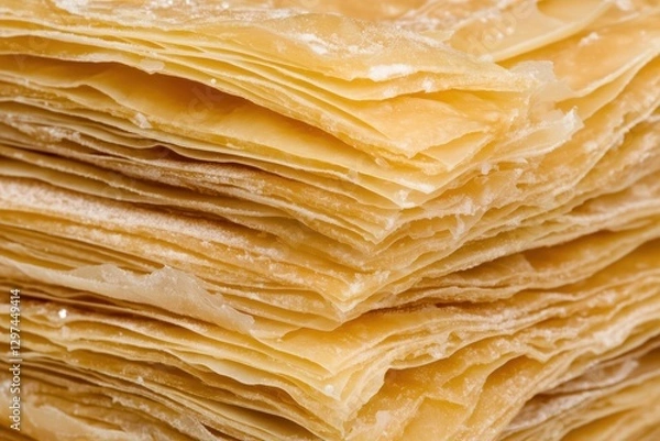 Fototapeta A close-up of neatly stacked sheets of fresh pastry dough, ready for baking.