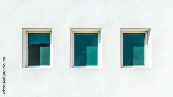 Fototapeta Three rectangular windows on minimalist white wall with turquoise reflections