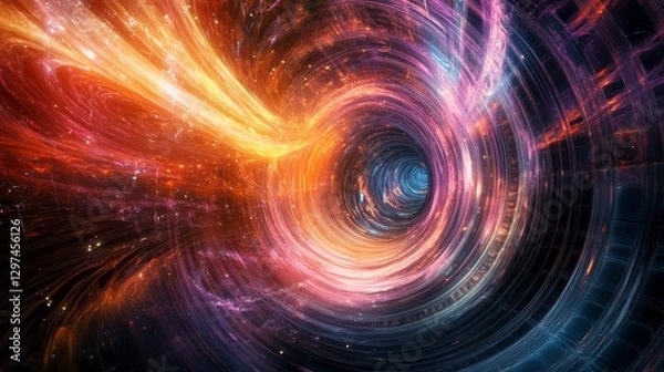 Obraz A Celestial Voyage: An artistic visualization of a wormhole or a journey through the fabric of space and time, featuring dynamic swirls of vibrant colors and ethereal light.