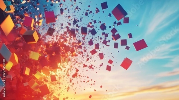 Fototapeta Explosive Burst of Cubes: A vibrant composition of fragmented cubes erupts across the sky, symbolizing innovation and the dynamic nature of progress. 