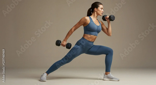 Obraz Athletic woman in activewear working out with dumbbells in a dynamic pose, emphasizing strength and focus.

