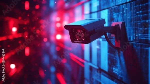 Fototapeta Security Under Surveillance: A black and white security camera mounted on a wall, bathed in a red and blue light, evokes feelings of safety and protection.