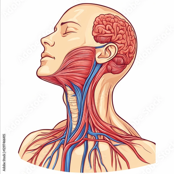 Obraz Anatomical illustration of human neck with visible veins and muscles