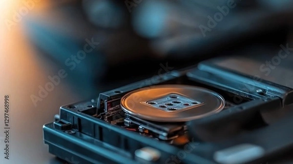 Fototapeta Close-up view of a disassembled electronic device showcasing intricate components and mechanisms