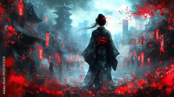 Fototapeta Woman in traditional clothing stands in a vibrant street filled with red petals and lanterns during a festival at dusk