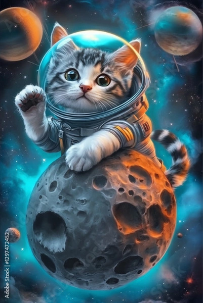 Obraz Illustration of a cute grey cat wearing a futuristic astronaut suit.
