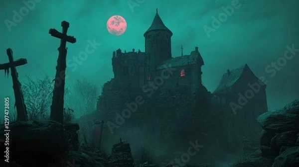Fototapeta Eerie Castle under Full Moon: A gothic castle perched atop a hill under a vibrant full moon, with eerie atmosphere and a touch of mystery and an eery atmosphere.