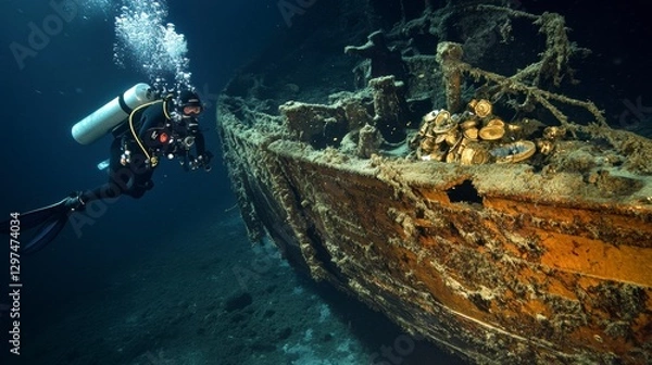 Fototapeta Underwater Exploration: A scuba diver explores a haunting shipwreck, capturing the beauty and mystery of the deep ocean and its secrets.