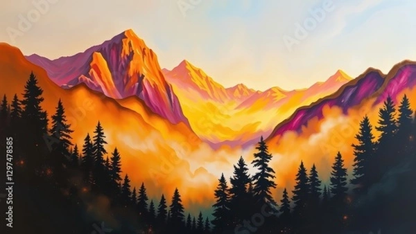 Obraz Majestic Mountain Range at Sunset with Misty Valley and Silhouetted Forest