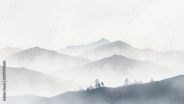 Obraz Misty Blue and Grey Mountain Range Landscape
