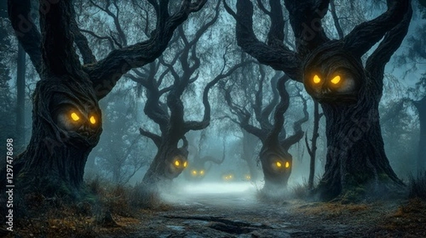 Fototapeta Enchanted Forest: Mysterious, surreal trees with glowing eyes line a misty path. A captivating, atmospheric image. 