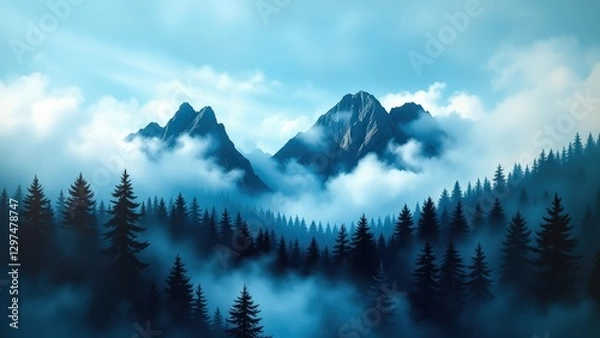 Obraz Misty Blue Mountains and Forest Landscape
