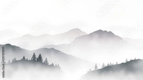 Obraz Misty Mountain Landscape Grey and White Peaks Emerging from Fog