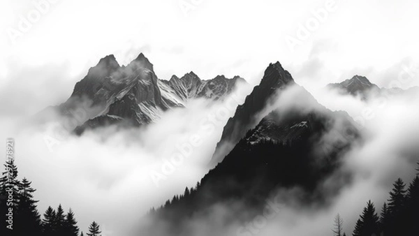 Obraz Misty Mountain Peaks in Monochrome Landscape