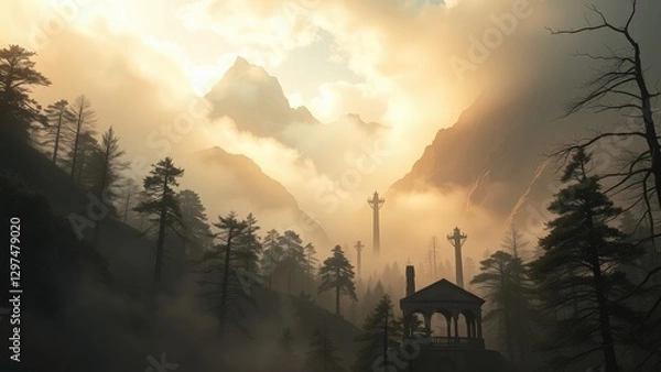 Obraz Misty Mountain Sunrise with Ancient Ruins and Golden Light