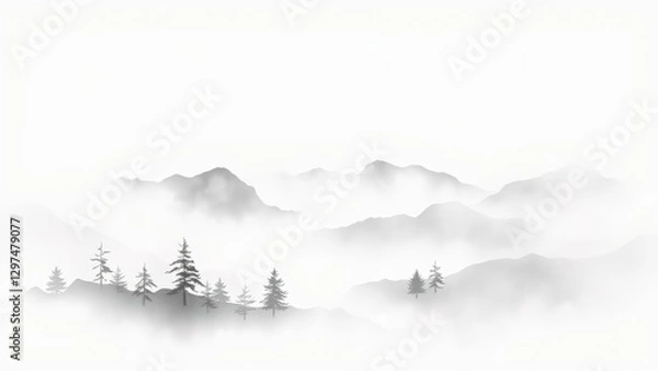 Obraz Monochrome Misty Mountain Landscape with Fog and Trees