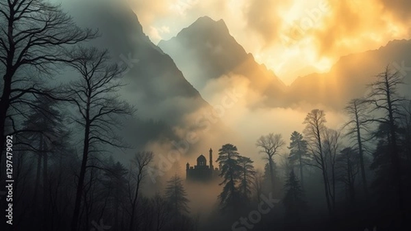 Obraz Misty Mountain Sunrise with Forest and Castle Silhouette