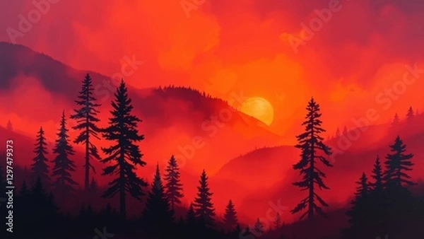 Obraz Red Sunset Over Foggy Mountains with Silhouetted Pine Trees